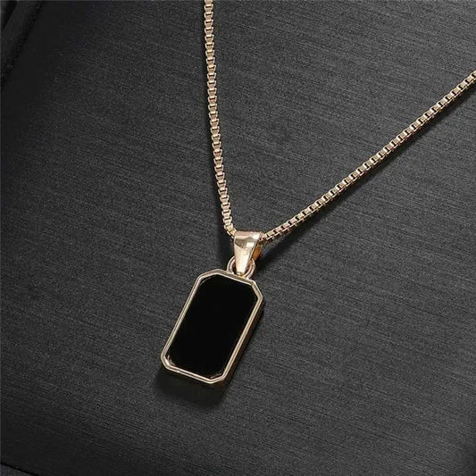 Minimalist Gold Rectangular Pendant Necklace – Black Stone Stainless Steel Chain for Women