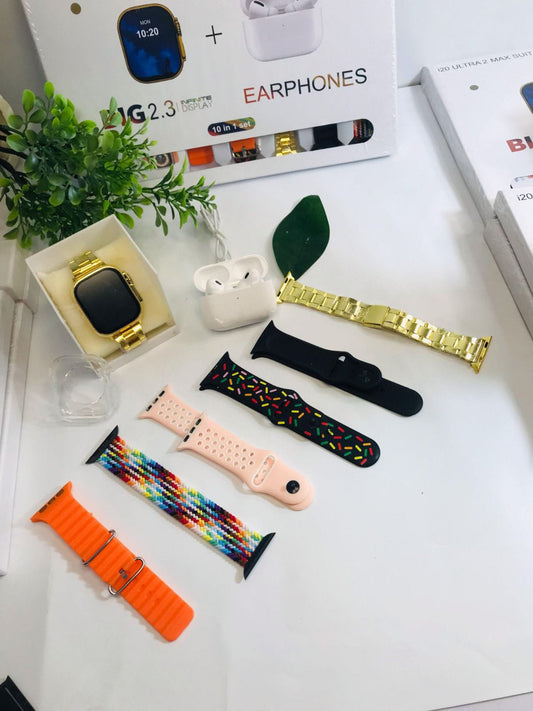 Smart Watch + AirPods Combo (10-in-1 Set) – Stylish Bands Included