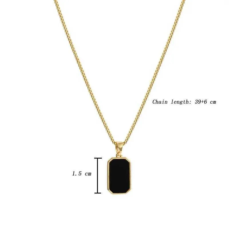 Minimalist Gold Rectangular Pendant Necklace – Black Stone Stainless Steel Chain for Women