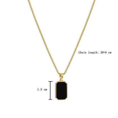Minimalist Gold Rectangular Pendant Necklace – Black Stone Stainless Steel Chain for Women